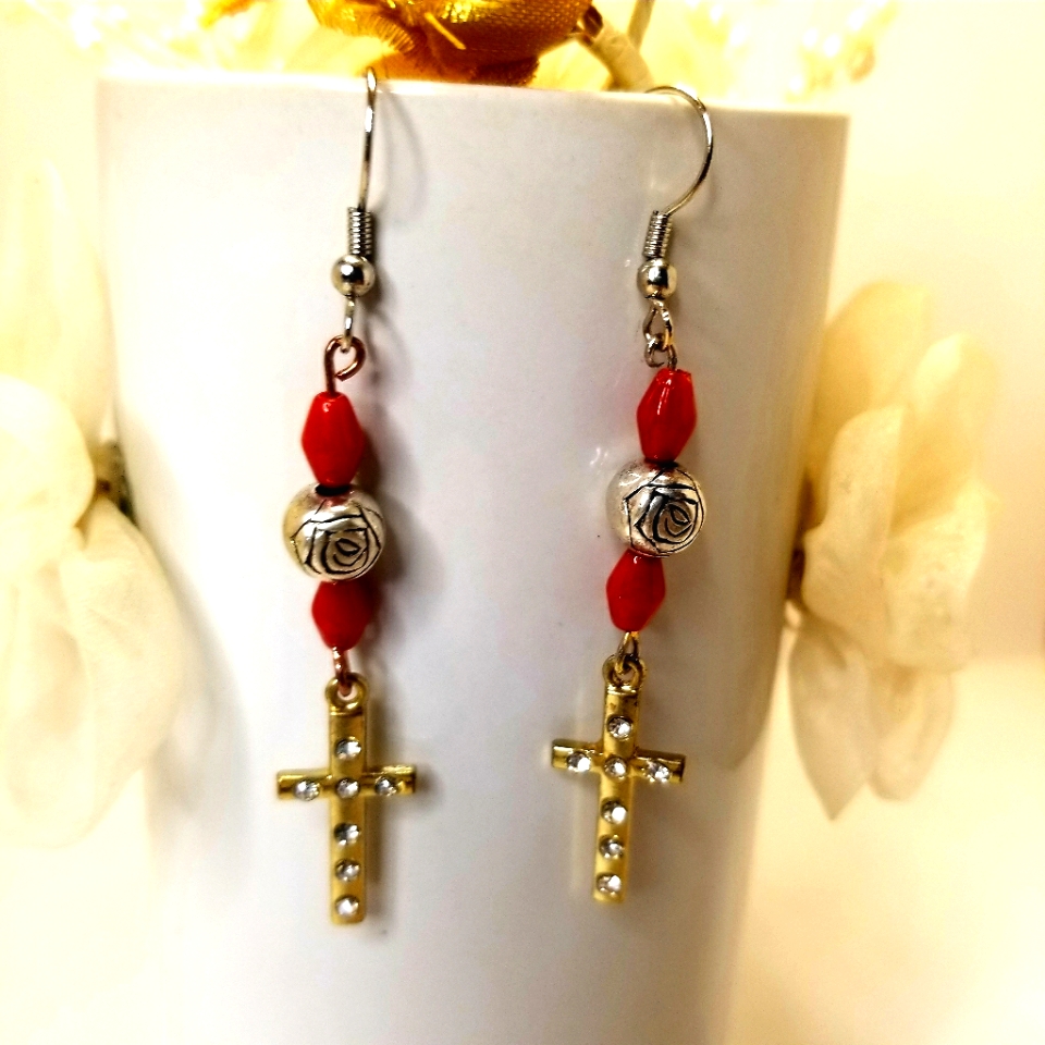 Gold Rhinestone Embellished Cross Dangle Earrings With Silver Red Beads 10$